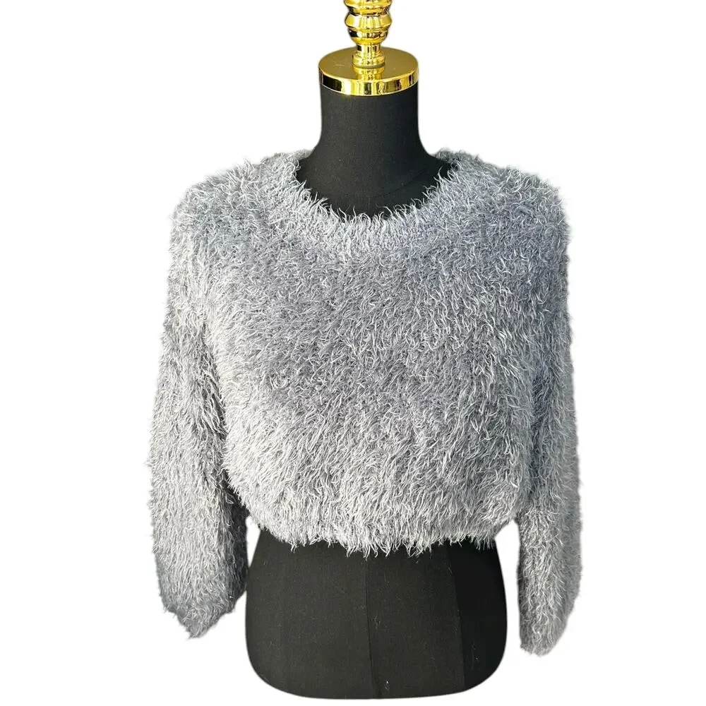 Volcom Women’s 90s Style Fuzzy Cropped Sweater Gray-Blue Size Small